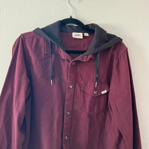 Vans Off The Wall Burgundy Corduroy Button Up Shirt Hooded Men’s Size L Skater - Picture 1 of 6